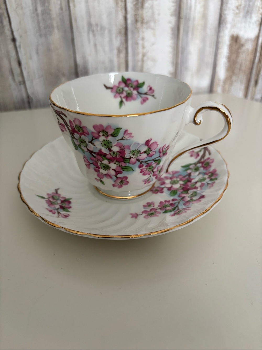 Vintage Aynsley Cherry Blossom Gold Rim Scalloped Teacup and Saucer Set